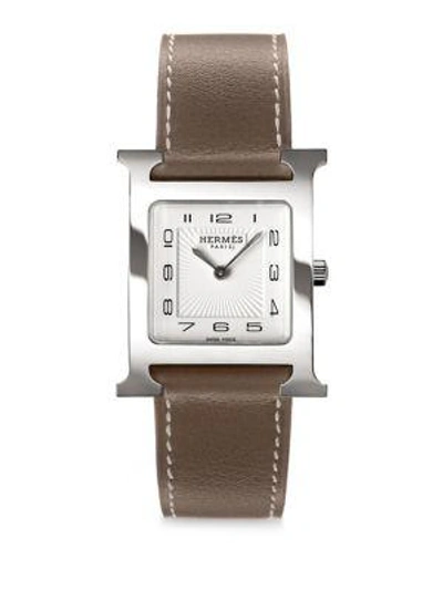 Shop Hermès Watches Heure H 26mm Stainless Steel & Leather Strap Watch In Smooth Etoupe