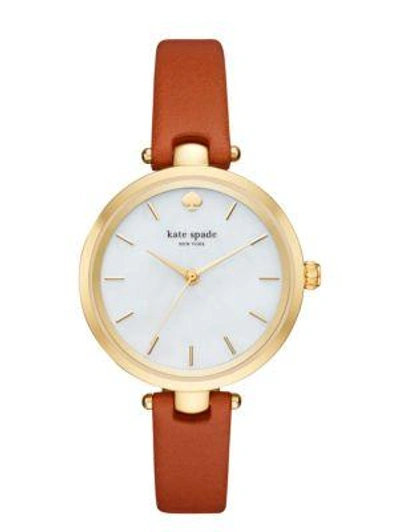 Shop Kate Spade Holland Skinny Strap Watch In Luggage/gold