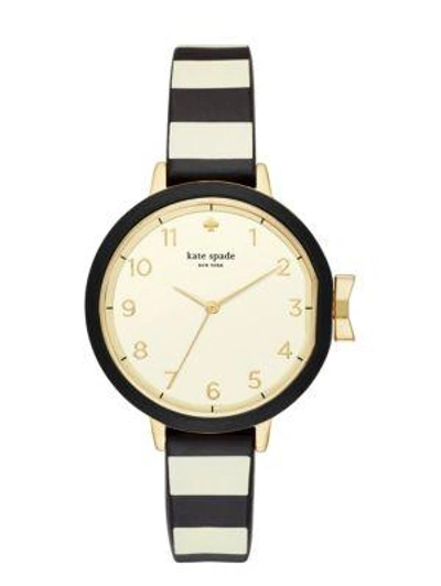 Shop Kate Spade Black And Cream Stripe Silicone Park Row Watch In White / Gold