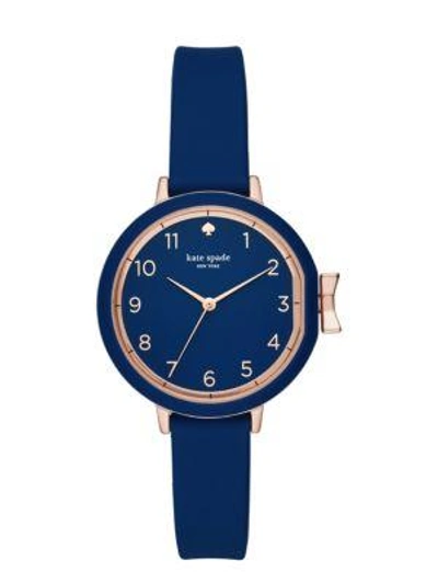 Shop Kate Spade Park Row Navy Silicone Watch In Rose Gold/navy