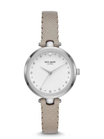 Shop Kate Spade Holland Scallop Grey Leather Watch In Stainless Steel/clocktower Grey