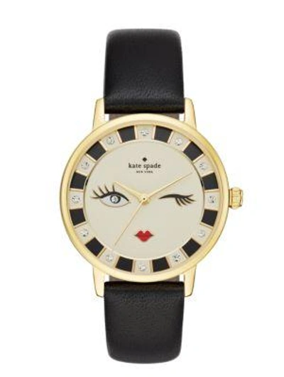 Shop Kate Spade Metro Wink Black Leather Watch In Black/gold