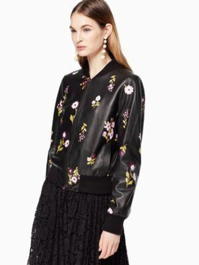 Shop Kate Spade In Bloom Leather Bomber Jacket In Black