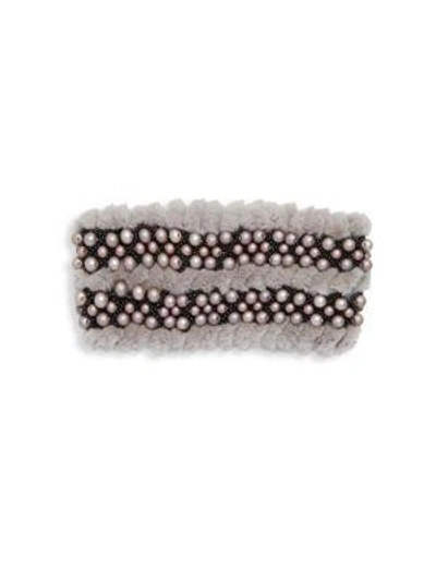 Shop Glamourpuss Embellished Rabbit Fur Headband In Grey