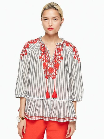 Shop Kate Spade Stripe Embroidered Top In Fresh White/black