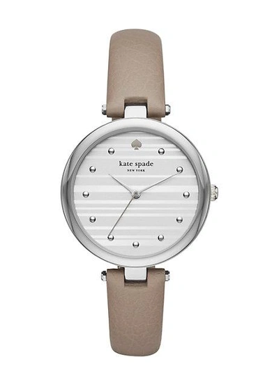 Shop Kate Spade Varick Stainless Steel Grey Leather Watch In Stainless Steel/clocktower Grey