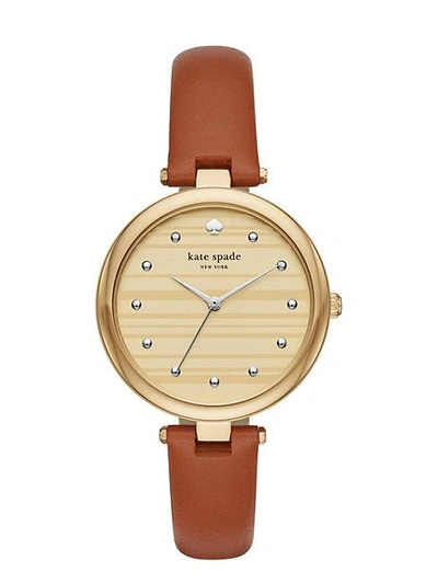 Shop Kate Spade Varick Brown Leather Watch In Gold/luggage