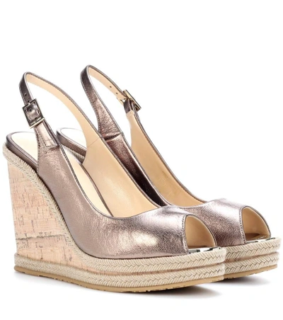 Shop Jimmy Choo Prova Leather Wedge Sandals In Metallic