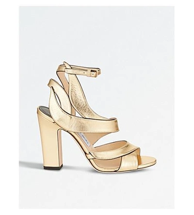 Shop Jimmy Choo Falcon 100 Metallic Leather Heeled Sandals In Gold
