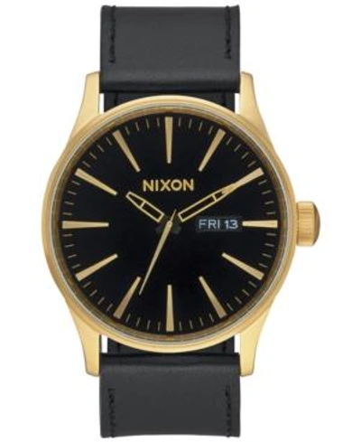 Shop Nixon Men's Sentry Leather Strap Watch 42mm A105 In Gold/black