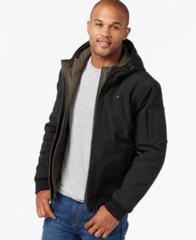 Shop Tommy Hilfiger Soft-shell Hooded Bomber Jacket With Bib In Black