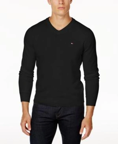 Shop Tommy Hilfiger Men's Signature Solid V-neck Cotton Sweater In Black