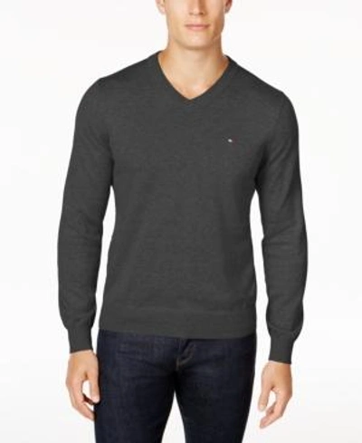 Shop Tommy Hilfiger Men's Signature Solid V-neck Sweater, Created For Macy's In Asphalt Heather