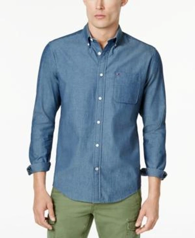Shop Tommy Hilfiger Men's Custom-fit Chambray Button-down Shirt, Created For Macy's In Dark Chambray