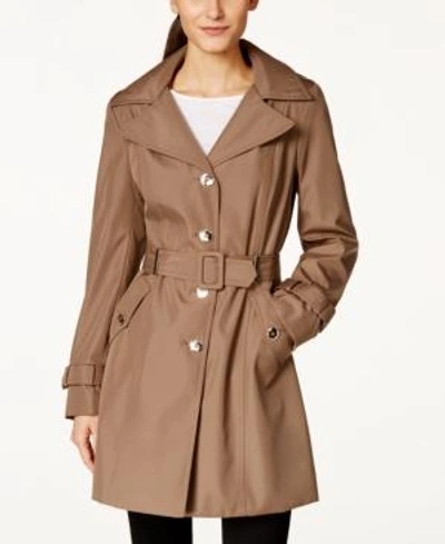 Shop Calvin Klein Petite Hooded Single-breasted Trench Coat, Created For Macy's In Truffle