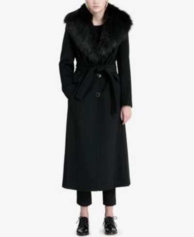 Shop Calvin Klein Petite Faux-fur-trim Maxi Coat In Black