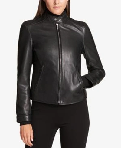 Shop Dkny Petite Leather Jacket In Black