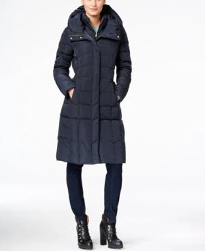 Shop Cole Haan Petite Layered Down Puffer Coat In Navy