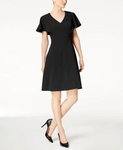 Shop Calvin Klein Petite Flutter-sleeve A-line Dress In Black