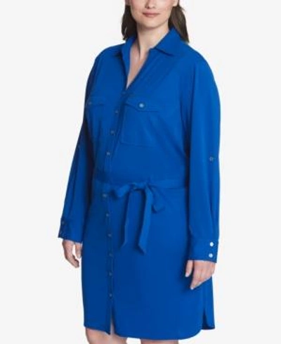 Shop Tommy Hilfiger Plus Size Belted Shirtdress, Created For Macy's In Cobalt