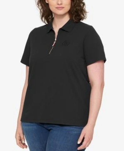 Shop Tommy Hilfiger Plus Size Zippered Polo, Created For Macy's In Black