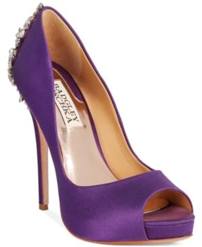 Shop Badgley Mischka Kiara Embellished Peep-toe Evening Pumps Women's Shoes In Purple Satin