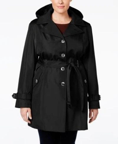 Shop Calvin Klein Plus Size Hooded Single-breasted Trench Coat In Black