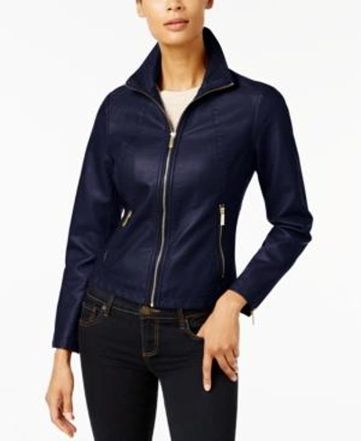 Shop Kenneth Cole Faux-leather Moto Jacket In Navy