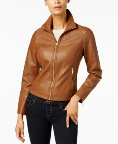 Shop Kenneth Cole Faux-leather Moto Jacket In Caramel