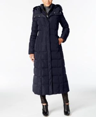 Shop Cole Haan Hooded Down Maxi Puffer Coat In Navy