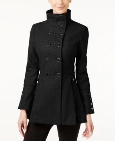 Shop Calvin Klein Stand-collar Skirted Peacoat In Black