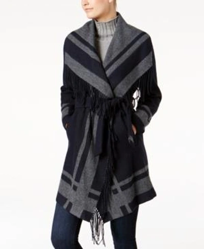 Shop Vince Camuto Belted Wrap Coat In Navy/grey