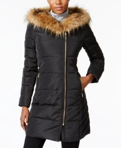 Shop Cole Haan Faux-fur-trim Hooded Asymmetrical Down Puffer Coat In Black