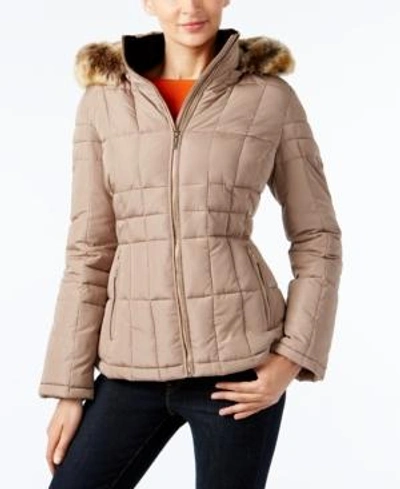 Shop Calvin Klein Faux-fur-trim Quilted Coat In Tawny Owl