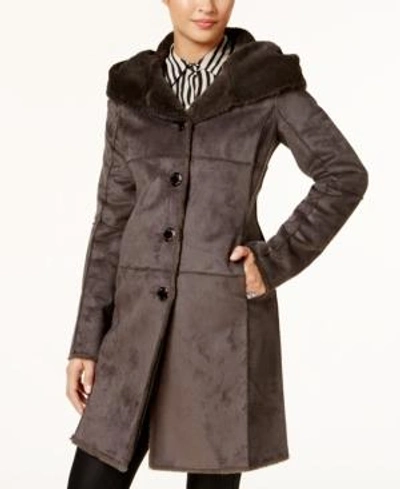 Shop Calvin Klein Hooded Faux-shearling Walker Coat In Grey