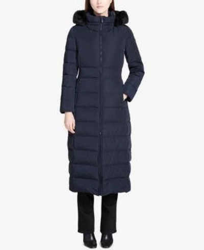 Shop Calvin Klein Faux-fur-trimmed Hooded Maxi Puffer Coat In Navy