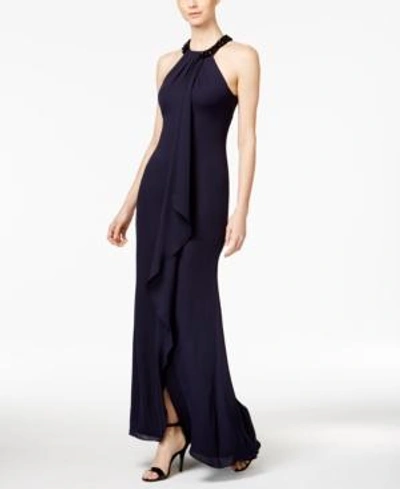 Shop Calvin Klein Beaded-neck Halter Gown In Indigo