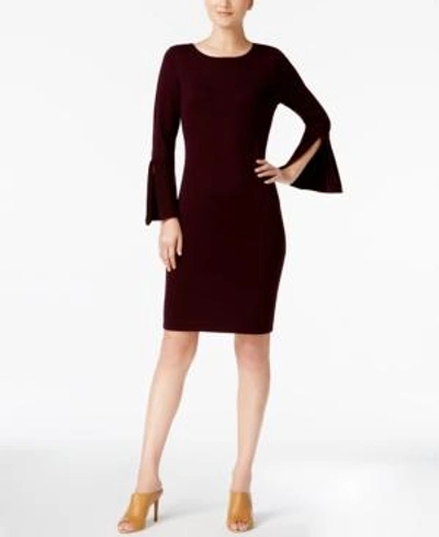 Shop Calvin Klein Bell-sleeve Ribbon-trim Sweater Dress In Aubergine