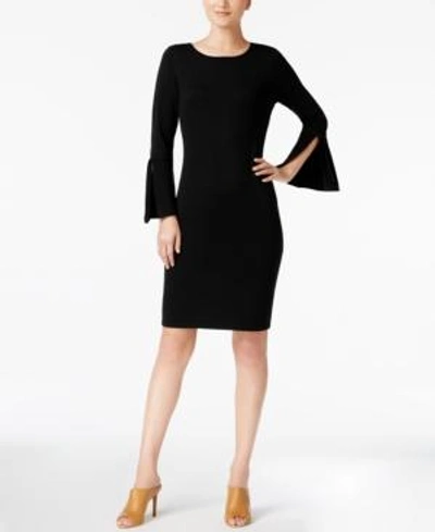 Shop Calvin Klein Bell-sleeve Ribbon-trim Sweater Dress In Black
