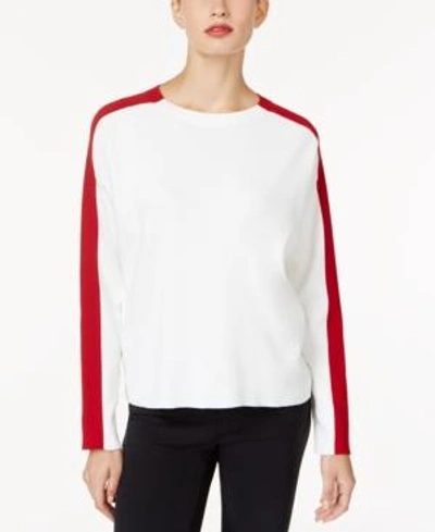 Shop Lacoste Cotton Colorblocked Jacquard Sweater In Beige/red