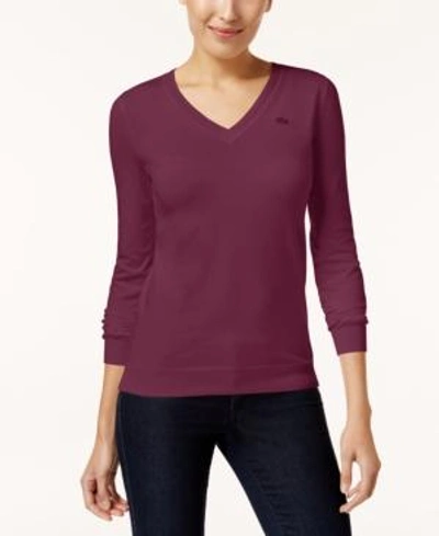 Shop Lacoste Cotton V-neck Sweater In Beaujolais