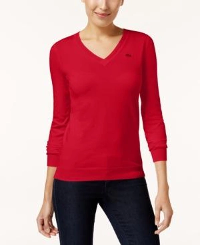 Shop Lacoste Cotton V-neck Sweater In Cherry