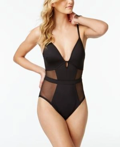Shop Kenneth Cole Sexy Solids Mesh Inset Push-up Tummy Control One-piece Swimsuit Women's Swimsuit In Black