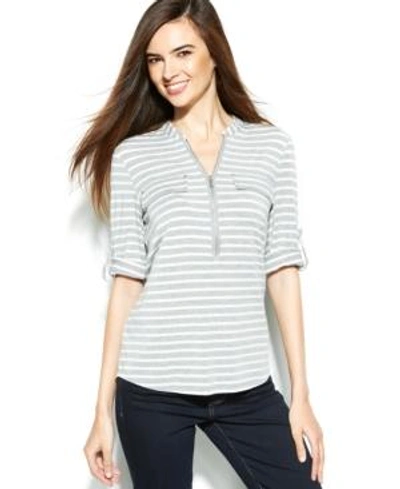 Shop Calvin Klein Roll-tab Striped Zip-front Top In Tin/white