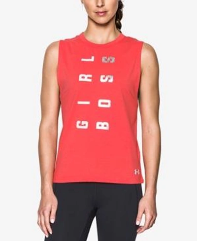Shop Under Armour Charged Cotton Girl Boss Tank Top In Marathon Red/white