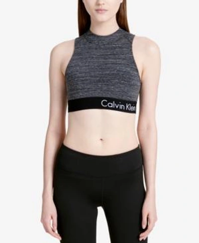 Shop Calvin Klein Performance Medium-support Crisscross Back Scuba Sports Bra In Cement Heather