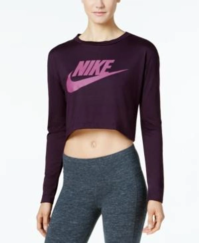 Shop Nike Sportswear Essential Long Sleeve Cropped Top In Port Wine/tea Berry