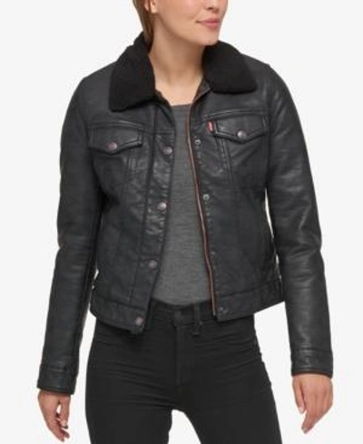 Levi's Women's Sherpa Lined Faux Leather Trucker Jacket In Black | ModeSens