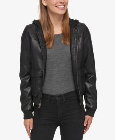 Shop Levi's Hooded Faux-leather Bomber Jacket In Black