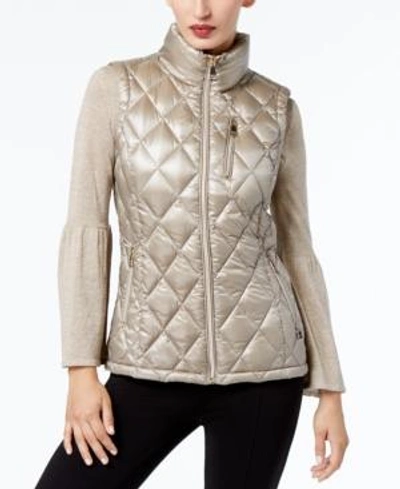 Shop Calvin Klein Metallic Quilted Puffer Vest, A Macy's Exclusive Style In Beige